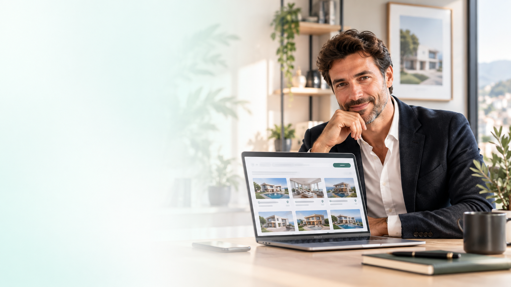 Agente immobiliare al lavoro con un sito immobiliare sul laptop
