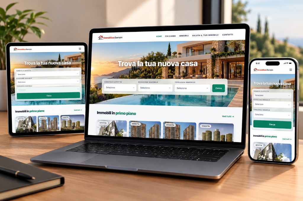 Anteprima del sito immobiliare su laptop, tablet e smartphone